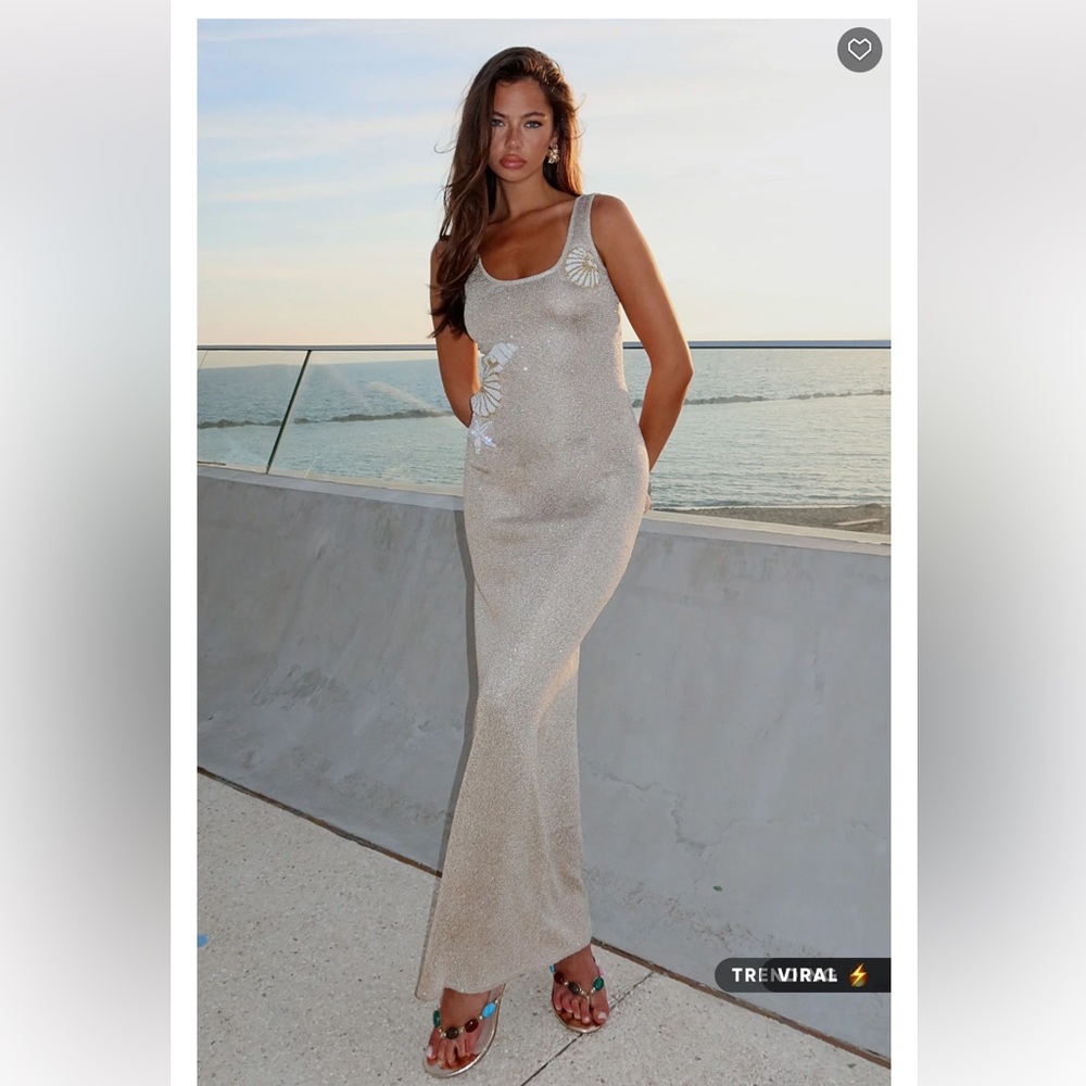 White Fox Marine Mist Sequin Knit Maxi Dress Champagne